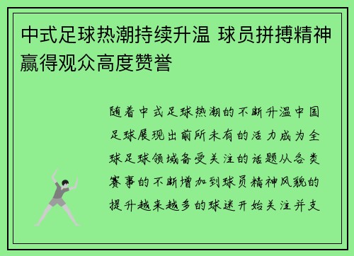中式足球热潮持续升温 球员拼搏精神赢得观众高度赞誉