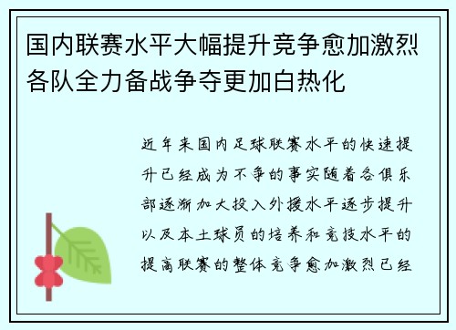 国内联赛水平大幅提升竞争愈加激烈各队全力备战争夺更加白热化