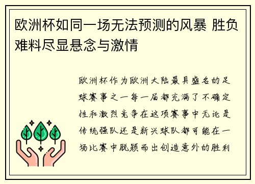欧洲杯如同一场无法预测的风暴 胜负难料尽显悬念与激情