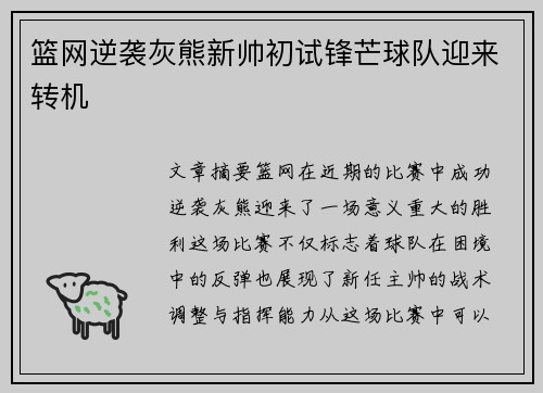 篮网逆袭灰熊新帅初试锋芒球队迎来转机