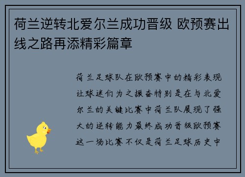 荷兰逆转北爱尔兰成功晋级 欧预赛出线之路再添精彩篇章
