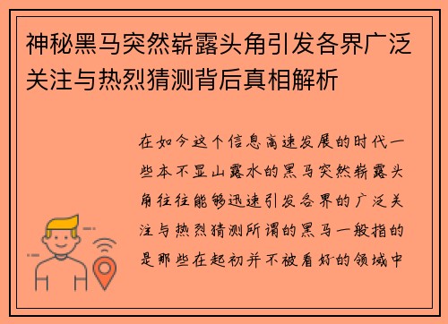 神秘黑马突然崭露头角引发各界广泛关注与热烈猜测背后真相解析