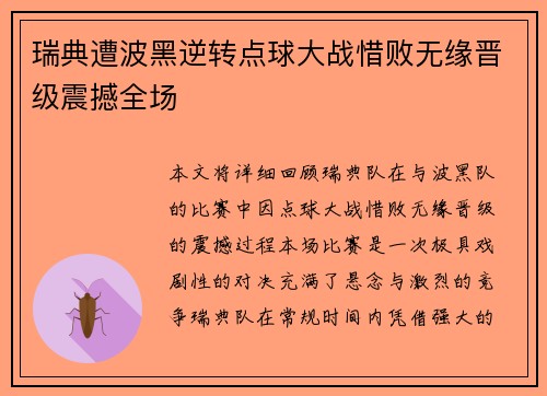 瑞典遭波黑逆转点球大战惜败无缘晋级震撼全场